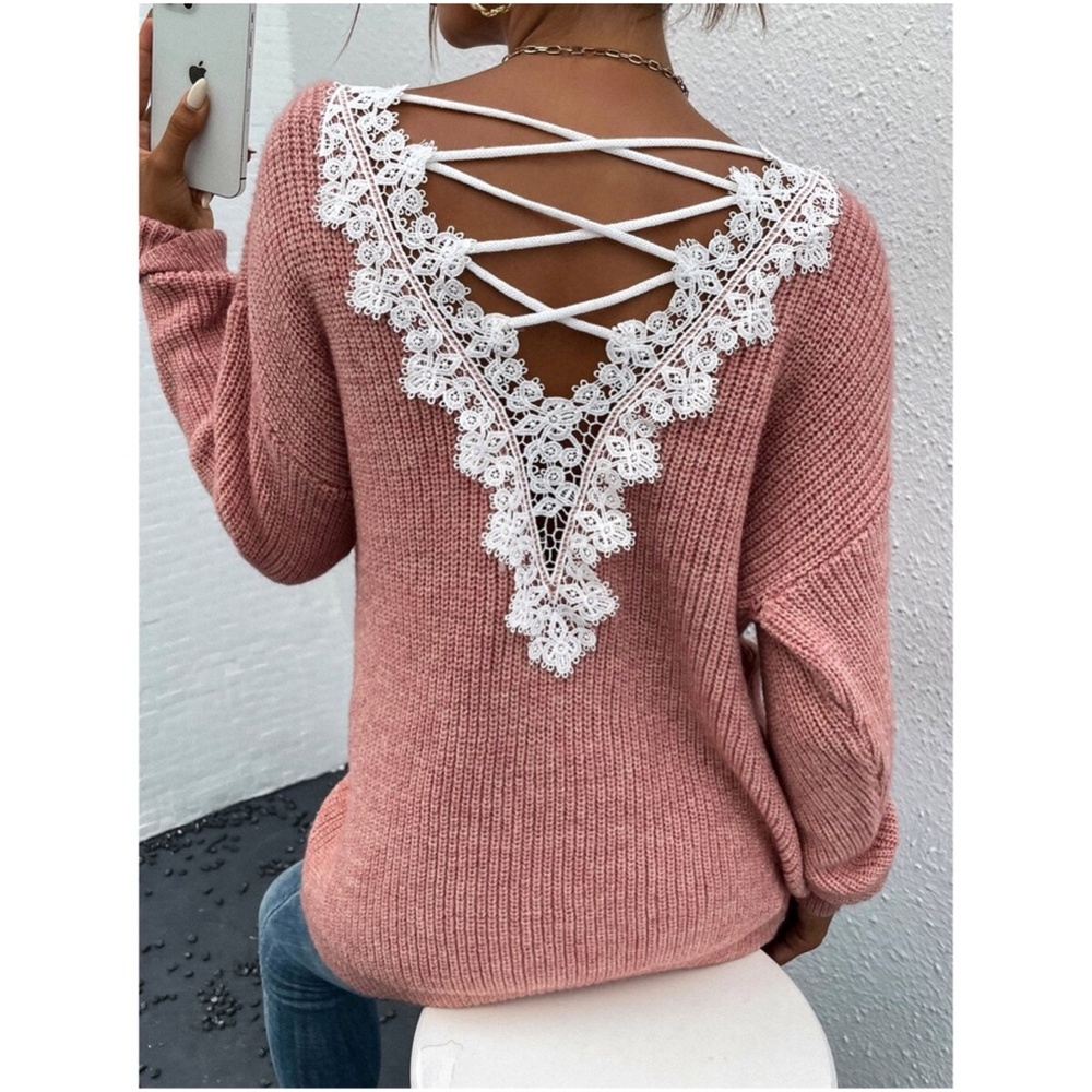 Boho Pink Floral Lace up Open Back Knit Sweater